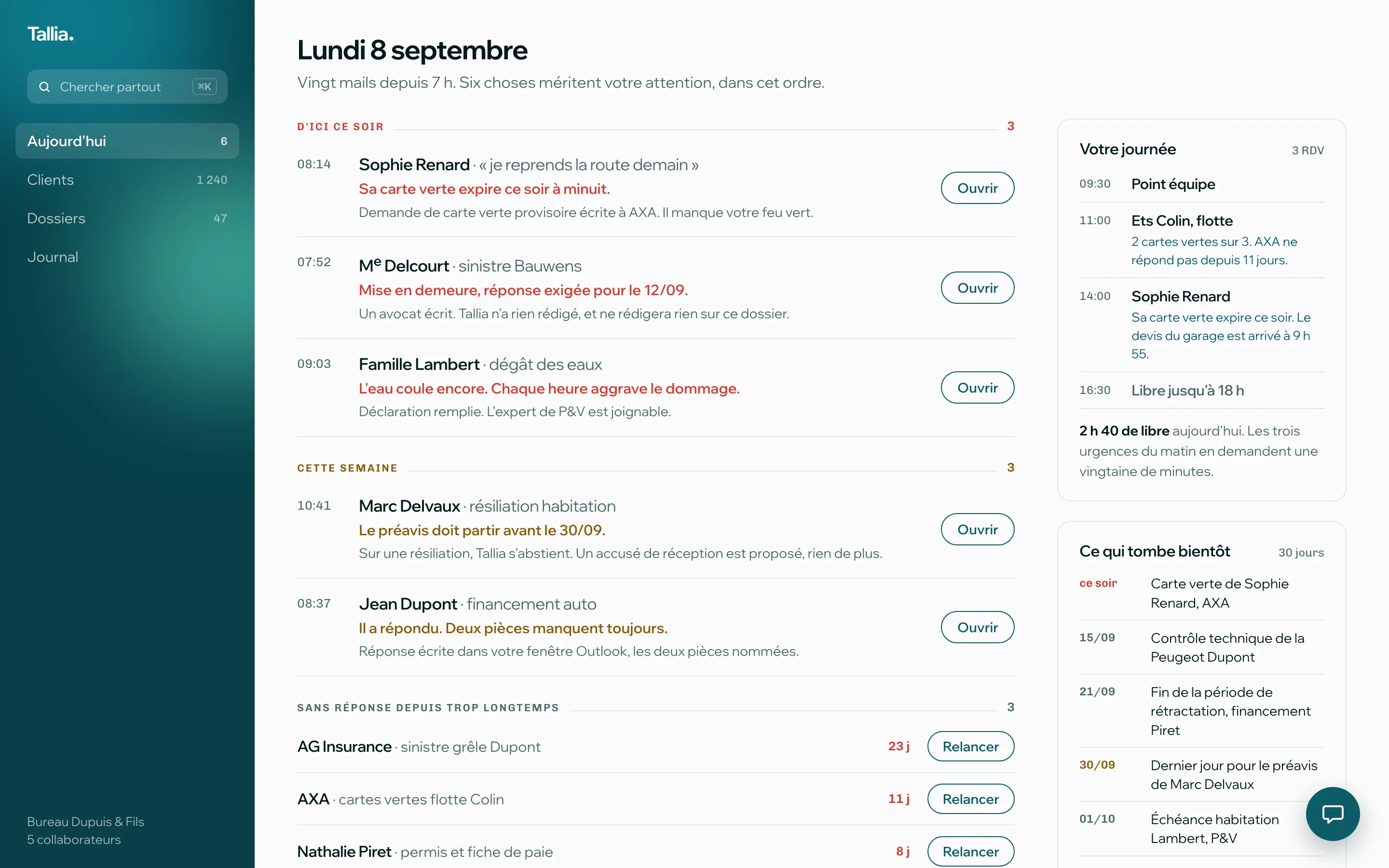 L'application web de Tallia, écran du lundi 8 septembre : six affaires classées par urgence, avec l'heure d'arrivée, la raison de l'urgence et un bouton Ouvrir. À droite, l'agenda de la journée et les échéances des trente prochains jours.